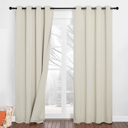 PONY DANCE 100% Blickdichte Vorhänge mit Ösen 2er Set Dreilagiger Schallschutz Vorhang mit Abnehmbarem Filzfutter Thermovorhang Hitzeschutz Schlafzimmer Gardinen, Hellbeige, H 213 x B 132 cm