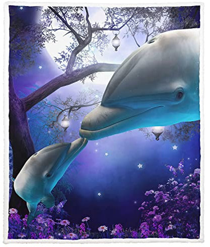 Violetpos Warm Sherpa Sofaüberwurf Decke 150x200 cm Dicke Kuscheldecken Sanft Flanell Weich Fleecedecke Bettüberwurf Mond Wal Delfin Lila