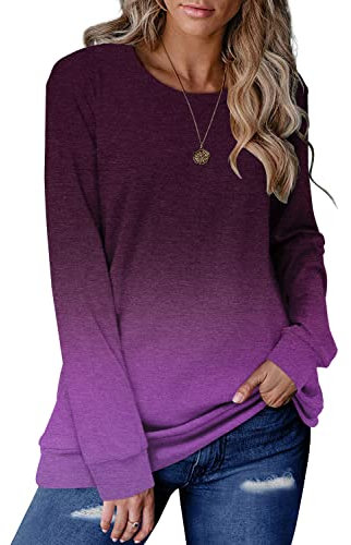 Womens Jumper Ladies Long Sleeve Sweatshirt Casual Pullover Tops Oversized Tshirt Classic Fashion Tunic Tops for Leggings Gradual Purple Medium