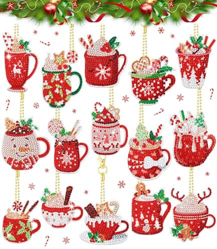 Alluring Diamond Painting Weihnachten Anhänger, 15 Stück 5D Diamant Painting Schlüsselanhänger Weihnachten Sets Kinder DIY Diamanten Malerei Schlüsselbund Kits Erwachsene für Decor