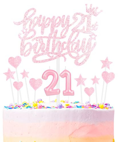 Happy 21st Birthday Candle Cake Topper Set,Number 21 Candles for Cake,Birthday Party Candle,Light Pink Birthday Cake Candles Heart Star Cupcake Toppers for Girls Women