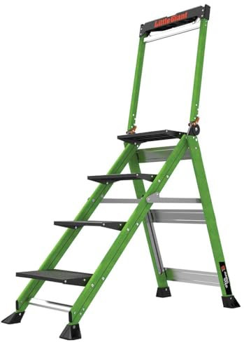 Little Giant 4 Tread Jumbo GRP Step Stool, Top Tread Height 890mm, Fibreglass, Folding Steps with Built-in Tool Tray & High Handrail