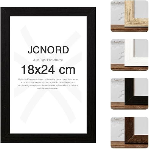 JCNORD Schwarzer MDF Holz Bilderrahmen 18x24 cm mit bruchsicherem Acrylglas | Moderner Fotorahmen für Wände und Tische