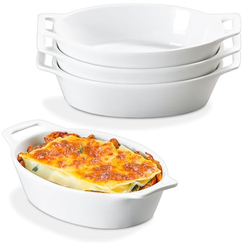 ONEMORE Au Gratin - Fuente para hornear, cacerola individual de 20 onzas para horno, sartén ovalada de cerámica con asas, juego de 4 sartenes gratinadas para asar, lasaña, hornear carne y verduras,