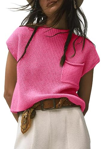 Saodimallsu Damen T-Shirt Pullover Sommer Kurzarm Strickpullover Oberteile Rundhals Leicht Basic Tops Einfarbig Elegante Shirts Tee mit Tasche Rose M