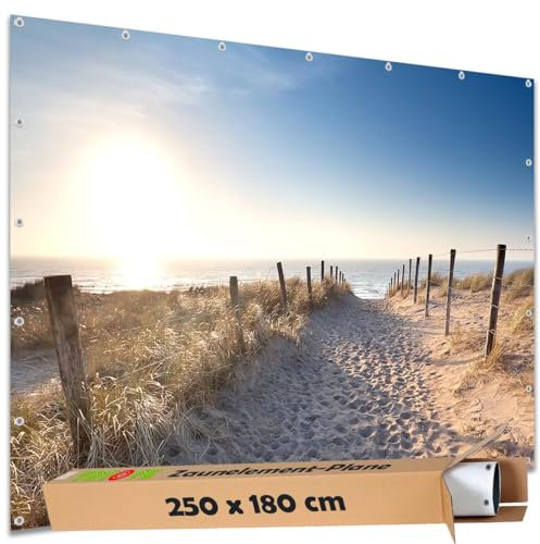 TRIOSK Sichtschutz Garten Deko Zaun Plane Blickdicht groß mit Zaunblende Motiv Meer Strand Weg Spuren für Zaunelement Doppelstabmatten Stabmattenzaun Gartenzaun PVC 250x180 cm