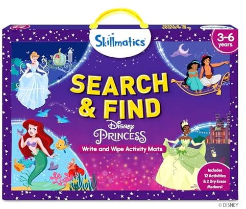 Skillmatics Search and Find Disney Princess – Reusable Mats, Spelling Aid | Write & Wipe, Preschool Learning Activity, Educational Travel Toy, Screen-Free, Gift for Girls & Boys Ages 3, 4, 5, 6