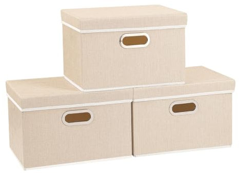 Yawinhe 3 Stück Aufbewahrungsboxen mit Deckel, Faltbare Stoffbox mit Griffen, Boxen Aufbewahrung, für Schlafzimmer, Kleideraufbewahrung, 32x23x20cm, Beige, SNK023BE-3