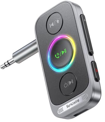 Syncwire Bluetooth 5.4 Aux Adapter for Car, 3.5mm Aux Bluetooth Receiver Wireless Audio Receiver for Home Stereo, Wired Headphone, Hands-Free Call, 22H Battery, Deep Bass, Colorful Light, Silver