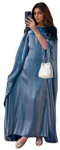 RUIG Women Satin Abaya Dress Islam Muslim Summer Batwing Sleeve Maxi Dress Kaftan Robe Ramadan Clothes Darkgrey