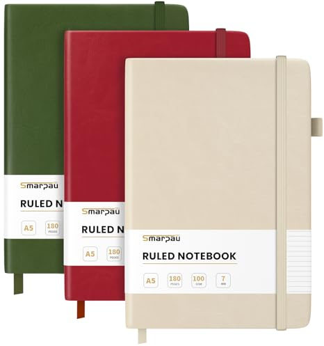 Smarpau 3 Pack Notebooks A5, Hardcover Leather Journal with 100gsm Thick Paper, 540 Pages Composition Notepads for Women Men Work School, 14.5 x 21cm - Beige, Olive Green, Red