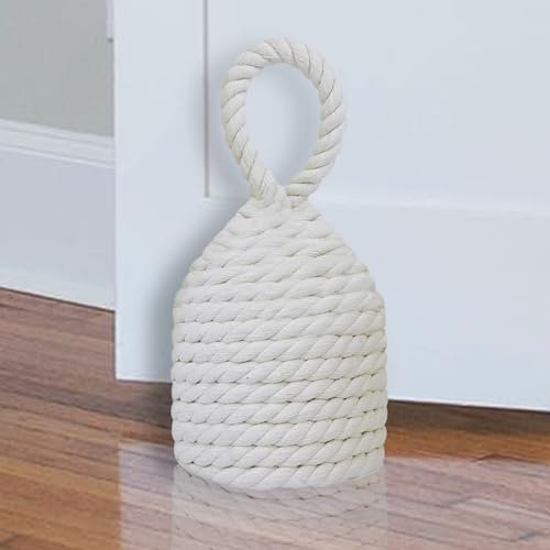 FUVLFAL Natural Rope Door Stopper with Handle, Cotton Cute Decorative Door Stop, Heavy Indoor Doorstop, Blocker Keeps Door Open, Window Wedge, Bookend 5.6 inch (4.4lbs, Ivory Cone)