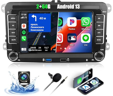 2+64G CAMECHO Android 13 Wireless Carplay Autoradio für VW Polo Caddy Tiguan Transporter T5 Scirocco Golf Skoda Octavia, 7 Navi Bluetooth Radio mit Android Auto WiFi GPS SWC +Canbus Rückfahrkamera