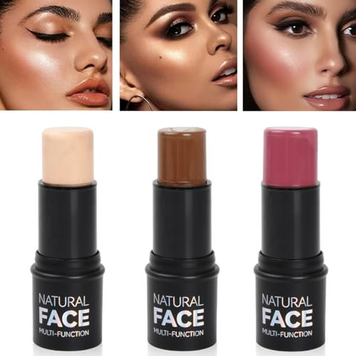 3 Pezzi Contouring Viso Stick, Leggero Contour Highlighter Blush Trucco Versatile Set, Lunga Durata Liscio Crema Stick per Contorno Fard Illuminante, Modella Facilmente il Viso per Guance Occhi
