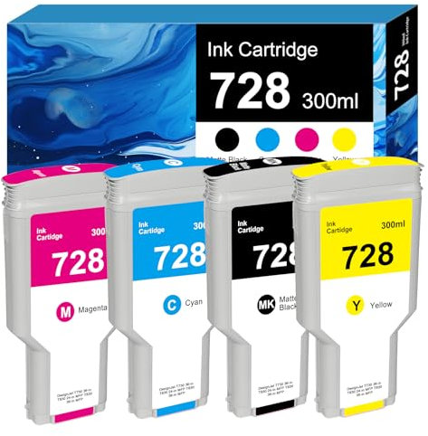 728 Druckerpatrone 300-ml für HP 728 Tinte für HP 728 F9J68A F9K17A F9K16A F9K15A kompatibel mit HP DesignJet T730, HP DesignJet T830 (Mattschwarz Magenta Gelb Cyan)