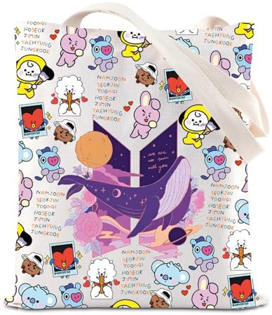 FOTAP Purple Whale Tote K-Pop Tote Bag Bangtan Boys Gift Boy Band Inspired Shoulder Bag Army Members Fans Merch, Purple Whale UK, 14.56INCHES