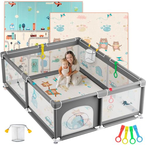 JUPPLIES Laufstall Baby 120×120 cm mit Spielmatte – Laufgitter Baby mit seitlicher Tür & atmungsaktivem Netz, rutschfest und stabil – Playpen für Wohnung & Wohnzimmer (Grau XL mit Motiv)