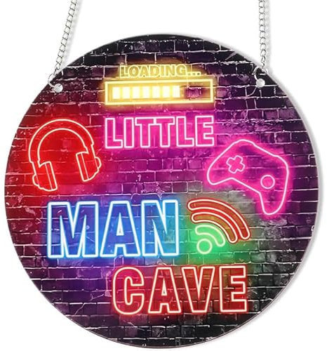 Neon Little Man Cave Sign Gaming Wooden Door Sign Video Game Hanging Wall Art Decorfor Son Kid for Bedroom Playroom Living Boy Room Decorations