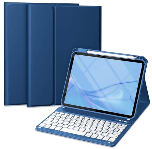 Vobafe Hülle für iPad 11 10 Generation (2025/2022, 10,9/11 Zoll) mit Magnetisch Abnehmbarer Bluetooth Tastatur, Aktualisierte Tastenkappe, Stifthalter, Cyanblau