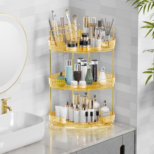 Umtiti 3-Tier Corner Bathroom Counter Storage Organizer, Tool - Free Installation Acrylic Vanity Shelf, Ideal for Bathroom, Dresser, Kitchen(Gold)