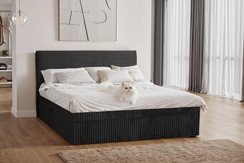 Kaiser Möbel - Boxspringbett 180x200 cm - Bett mit Bettkasten, Matratze H2 Mittelweich und Topper - Hohe Kopfstütze, 2 Matratzen und 2 Bettkästen - Polsterbett Trento, Plüsch Cord Velo Schwarz