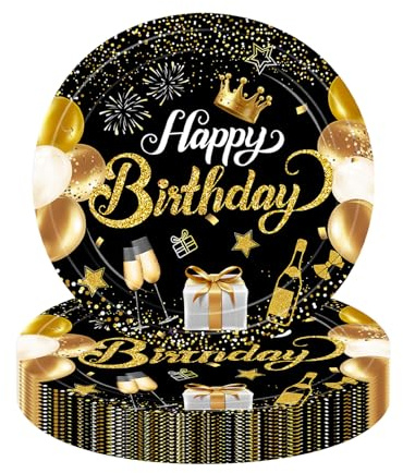 MOMAHUA 16Pcs Birthday Plates,Black Gold 7inch/18cm Paper Plate for Birthday Party,Small Desert Plates for Men Women Her Him,Party Supplies Table Decors