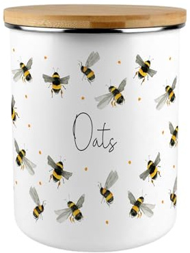 Purely Home Scattered Bees Oats Canister - Bumblebee Large Enamel Kitchen Food Storage Container/Gifts for Bee Lovers