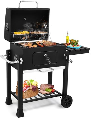 ROVSUN Charcoal Grill with Side Tables, Large Cooking Area, Individual Lifting Charcoal Trays, Pull-Out Ash Tray, BBQ Grill for Outdoor, Picnic, Backyard, Parties