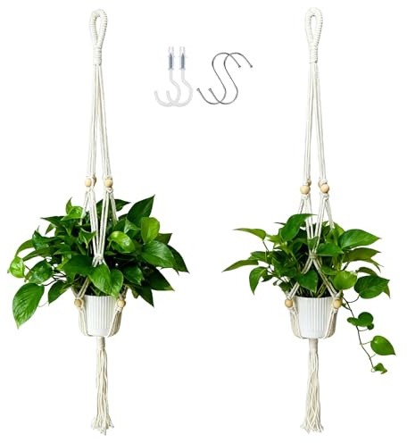 HahaMagic 2 Pack Blumenampel hängend innen, Makramee Pflanzenhänger Boho | mit Quaste, 2 S-Haken & 2 Deckenhaken. Handgefertigte Blumenampel aus Baumwolle für Zimmer Deko(ohne Topf)