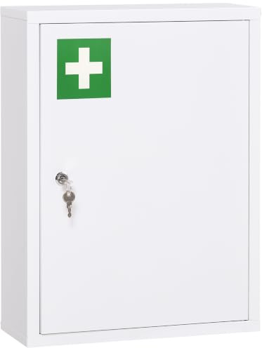 kleankin Armoire à Pharmacie Murale en Acier 40 x 15 x 53,5 cm Blanc | Armoire à Médicaments Murale 3 Niveaux, Porte Verrouillable, 2 Clés, Meuble de Salle de Bain, Couloir, Salon