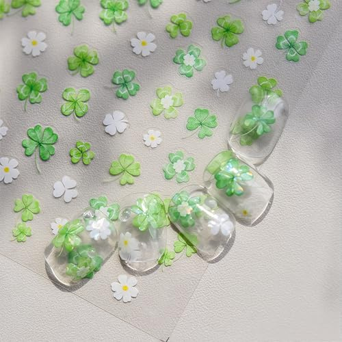 1Pcs St. Patrick’s Day Clover Nail Art Stickers Holographic Shamrock Nail Decals Self-Adhesive 5D Embossed Lucky Four Leaf Clover Nail Supplies of Women Spring Summer Irish Design Manicure Decor