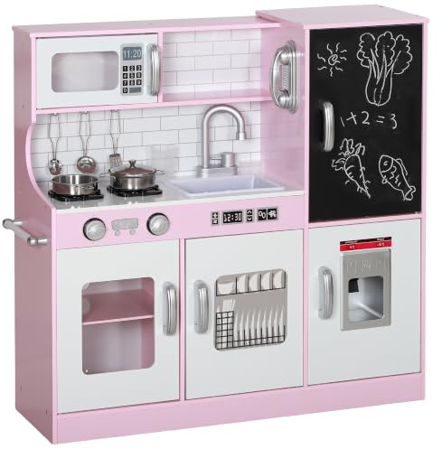 AIYAPLAY Kinderküche Spielküche mit Spielzeug Telefon für 3-8 Jahre Rosa | Kreidetafel, Mikrowelle, Herd, Spüle, Puppenküche, Küchenzubehör Spielset