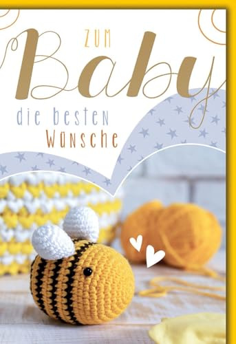 Geburtskarte für Eltern - Baby - Gehäkelte Biene mit Herzchen und Sternen in Gelb-Blau Design - Klappkarte mit Umschlag Glückwunschkarte Geburt