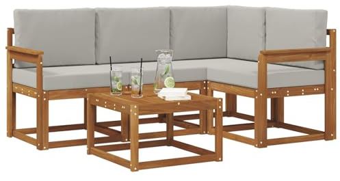 vidaXL Outdoor-Sofagarnitur mit Kissen 5 pcs Natürlich und Hellgrau, Garten-Sofa-Set, Moderne Outdoormöbel, langlebige Lounge für die Terrasse, Bequeme Sitzgruppe