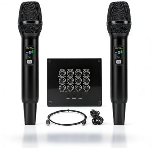 LICAEVEY Wireless Microphone Karaoke Mixer System, Dual Handheld Wireless Microphone with Integrated Equalizer for Sound Card Speaker Instrument Amplifier