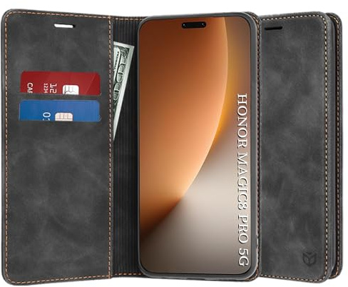 Techsuit für Honor Magic8 Pro Flip Wallet Hülle mit 3 Kartenfächern, Integrierter Ständer, Displayschutz, Staubresistent, Kratzfest, Confy Cover Series, PU Leder, Schwarz