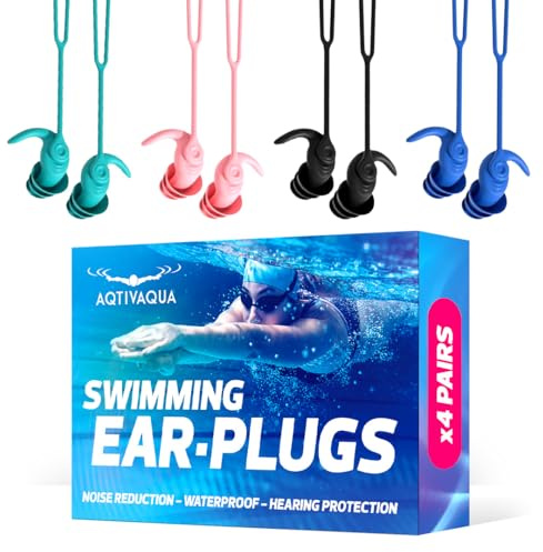 AqtivAqua Bouchons d'oreille pour la natation – 4 paires (4 couleurs) en silicone souple, étanches et confortables, ajustement sécurisé pour le surf et la plongée