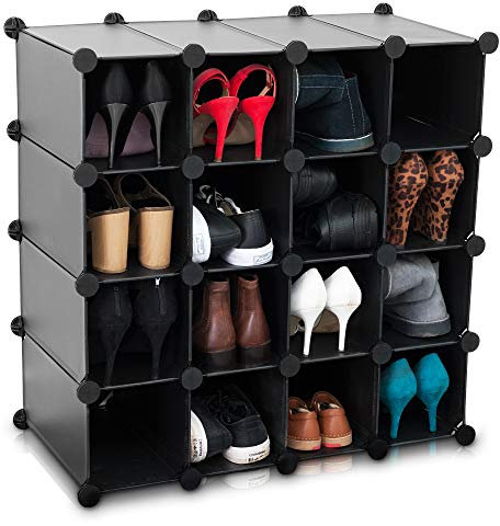 LIVIVO Multi-Purpose 16 Section Interlocking Cube Shoe Rack Organiser with Back Panels Configurable Storage and Display Stand and Holder with Space for 16 Pairs of Shoes Boots Trainers (Black)