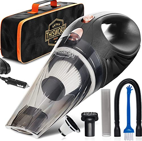 ThisWorx Beutellos Autostaubsauger mit LED-Licht – Handstaubsauger zur Auto-Reinigung – 110W 12V – Adapter zum Anschluss an den Zigarettenanzünder –4,9 m Kabel
