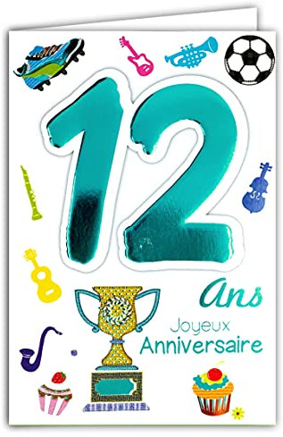 Age Mv 69-2012 Carte Joyeux Anniversaire 12 ans Ados Garçon Fille motif Coupe Gagnant Champion Championne Gâteaux Cupcakes Instruments de Musique Foot