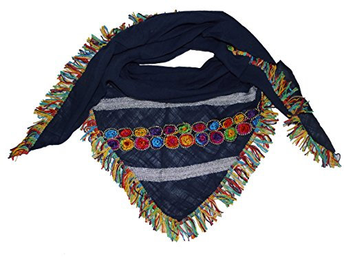 Mississhop 253 Damen Dreieckstuch XXL Schal Wendeschal Boho Strick Tuch mit bunten Fransen Blumen Glitzer Muster Zwillingsherz Dunkelblau