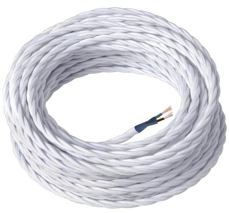 Cavo italiano colorato in tessuto intrecciato, 2 Core 0.75 mm UK stock, bianco