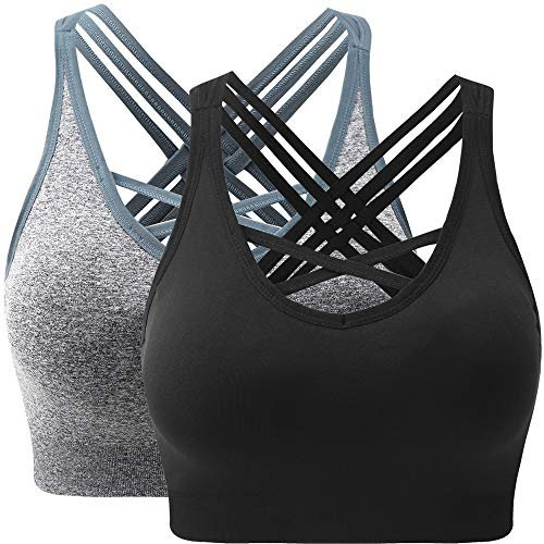ANGOOL Damen Sport BH ohne Bügel Gepolstert Yoga Bra Kreuz Rücken Sport Bustier für Jogging Fitness , Schwarz+grau , M