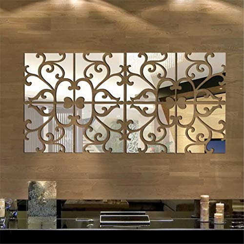 Adesivi da parete 3D a specchio, in acrilico motivo geometrico quadrato fai da te adesivi a specchio in plastica decorazione, per la casa, soggiorno, camera da letto, scale (floreali, 8 pezzi)