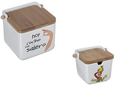 DRW Original cerámica Cuadrado con Tapa bambú 12x12x12 cm (Pack salero y azucarero Divertido 4)
