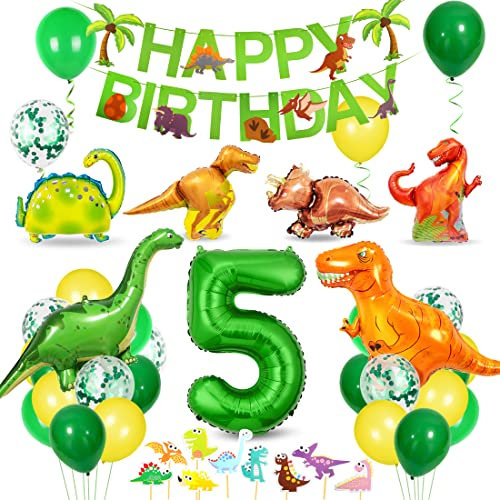 Bluelves Dino Geburtstag Deko 5 jahre, Dschungel Party Luftballons Grün für Kinder