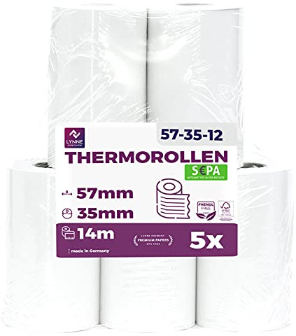 Ec-Cash Thermorollen 57mm x 14m x 12mm - Kassenrollen - Thermopapier - Bonrollen für Bankomat - Kredit-Kartenlesegeräte (57x35x12) – mit SEPA-Lastschrifttext (5 Rollen)