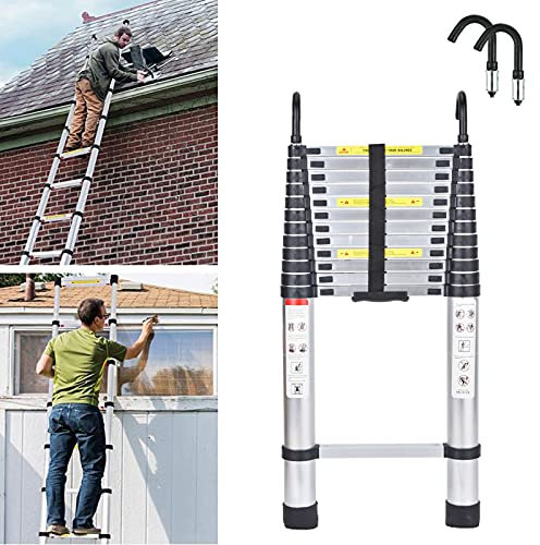 Escalera Telescópica De Aleación De Aluminio Portátil con Ganchos, 15 Pasos Telescópica Escalera Recta De 6,2 Metros/ 20,3 Pies Escalera Plegable