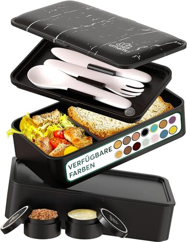 Umami Bento Lunch Box, Couverts & 2 Pots à Sauce Inclus, Boîte à Lunch Étanche, Lunchbox Adulte, Micro-Ondable, Boîte Repas Compartimentée, Noir et Marbre, 1200 ml