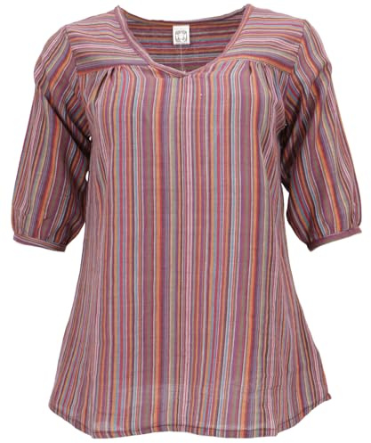 GURU SHOP Leichte Baumwollbluse, Gestreifte Boho Schlupfbluse mit V-Ausschnitt - Bunt, Damen, Size:M